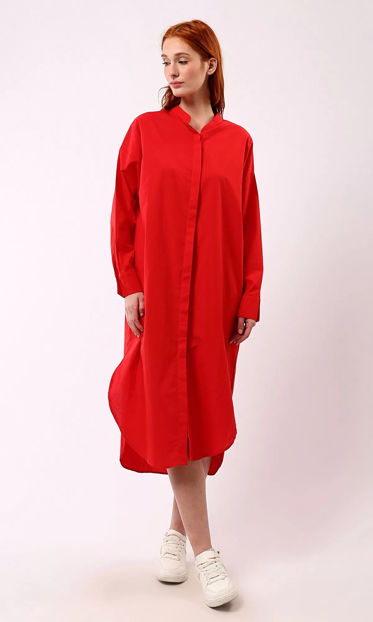 O179182 Long Sleeves Red Shirt Dress With Front Hidden Buttons