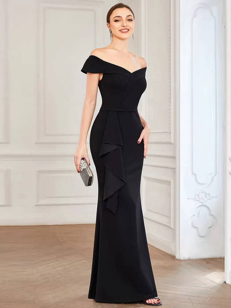 Off-Shoulder Fitted Ruffle Evening Dress