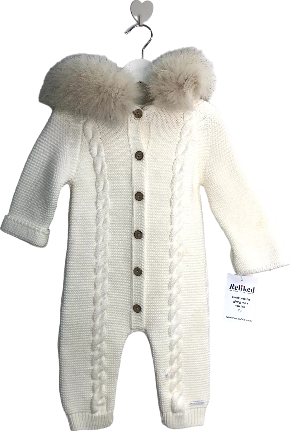 Pangasa Cream Cable Knit Pramsuit With Faux Fur Lined Collar 1 Year