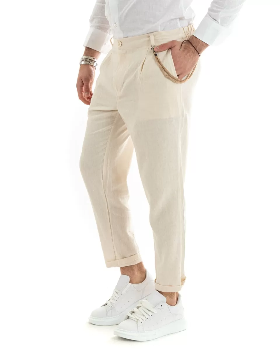 Pantaloni Uomo In Lino Tasca America Classico Sartoriale Comodo Casual Tinta Unita Beige GIOSAL-P5788A