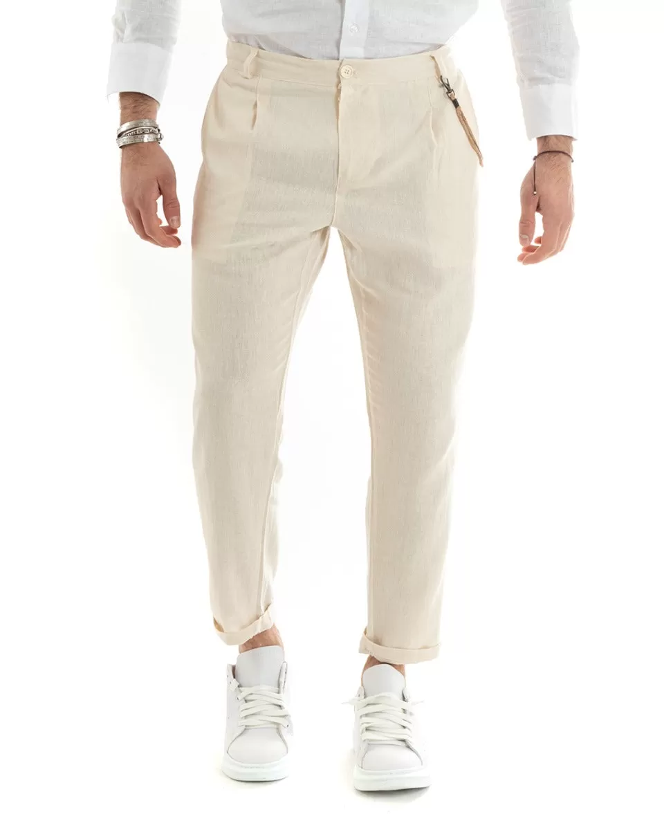 Pantaloni Uomo In Lino Tasca America Classico Sartoriale Comodo Casual Tinta Unita Beige GIOSAL-P5788A