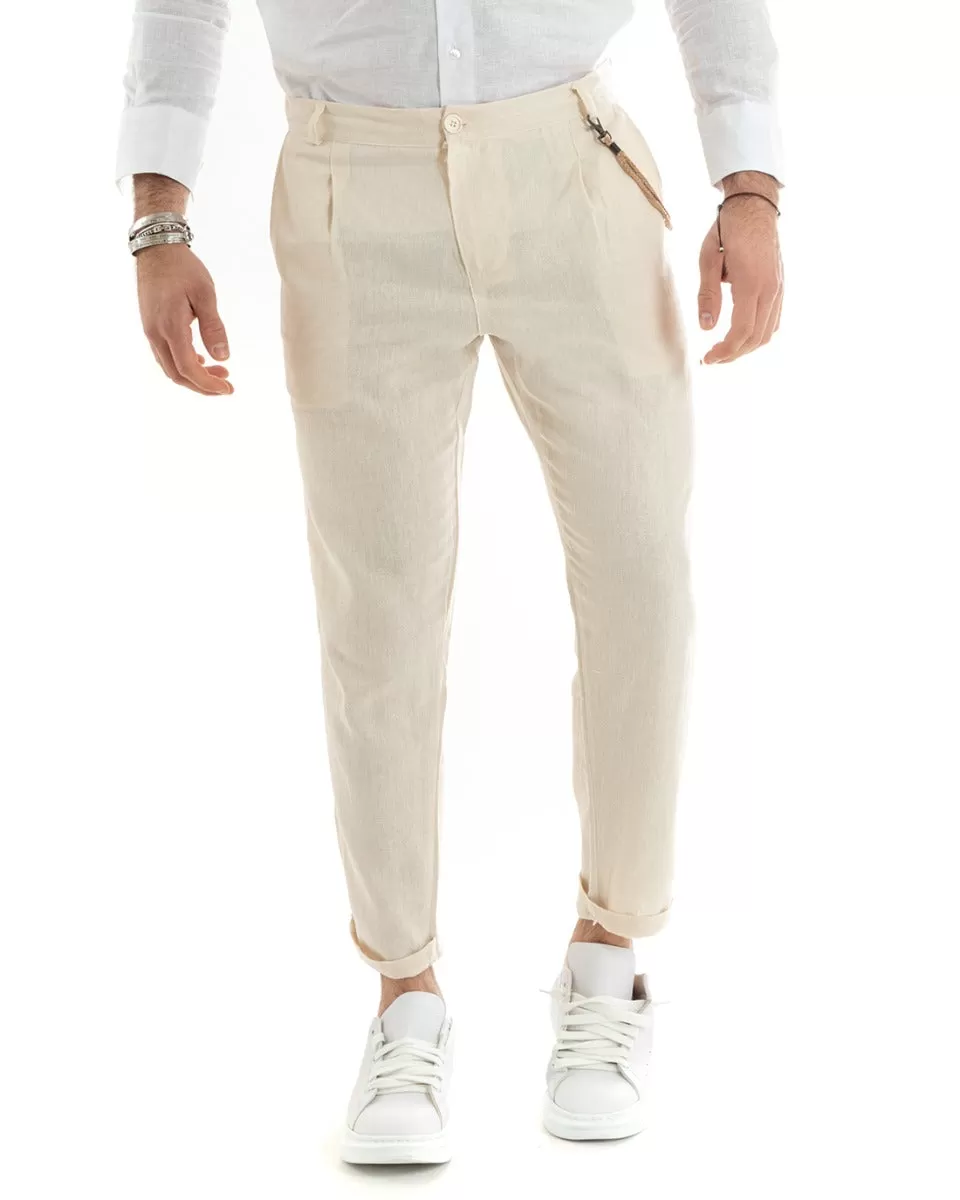 Pantaloni Uomo In Lino Tasca America Classico Sartoriale Comodo Casual Tinta Unita Beige GIOSAL-P5788A