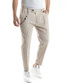 Pantaloni Uomo Lino Tasca America Classico Abbottonatura Allungata Casual Sartoriale Rigato Gessato Beige GIOSAL-P6081A