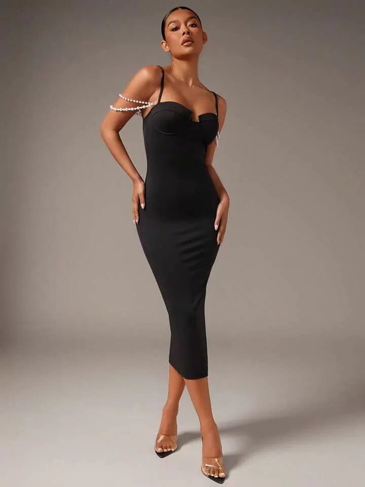 Pearls beaded cami bodycon dress in black