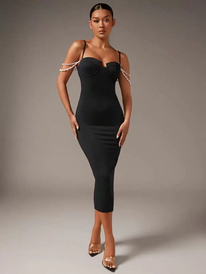 Pearls beaded cami bodycon dress in black