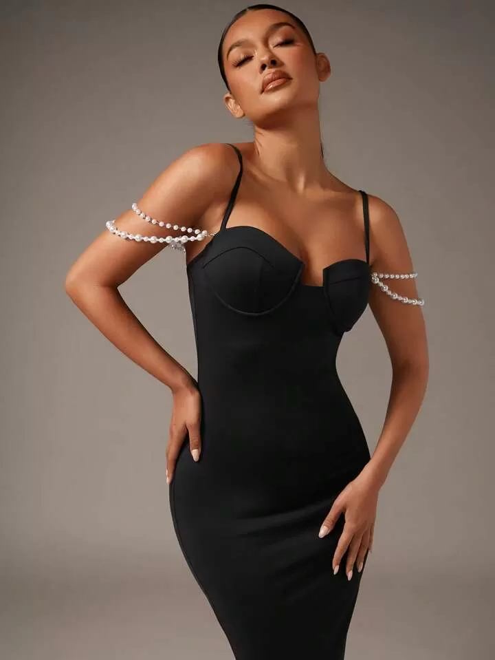 Pearls beaded cami bodycon dress in black