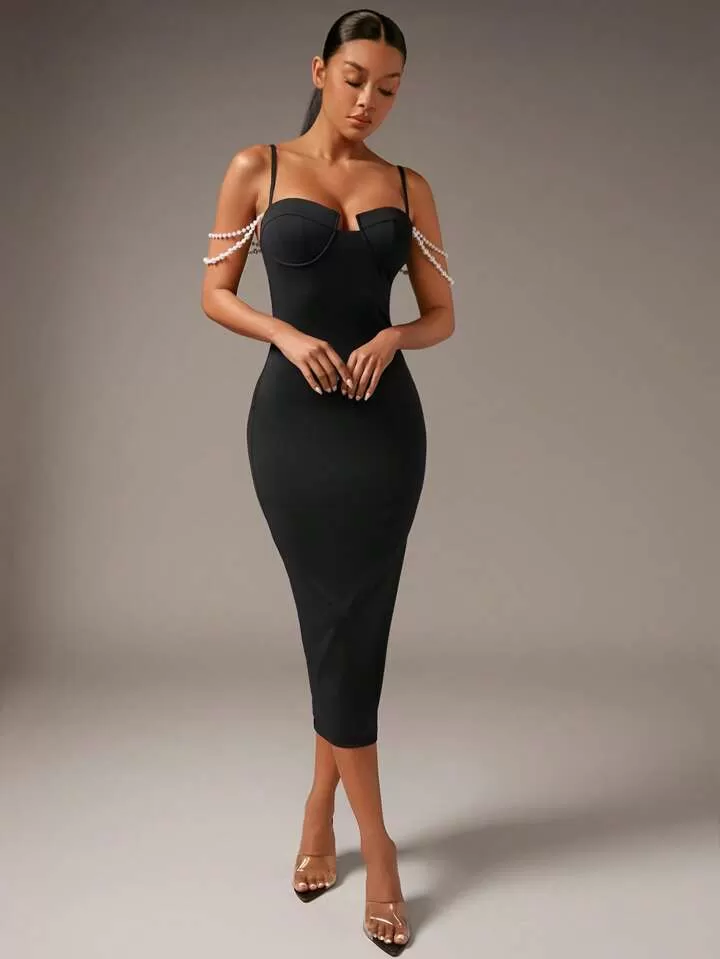 Pearls beaded cami bodycon dress in black