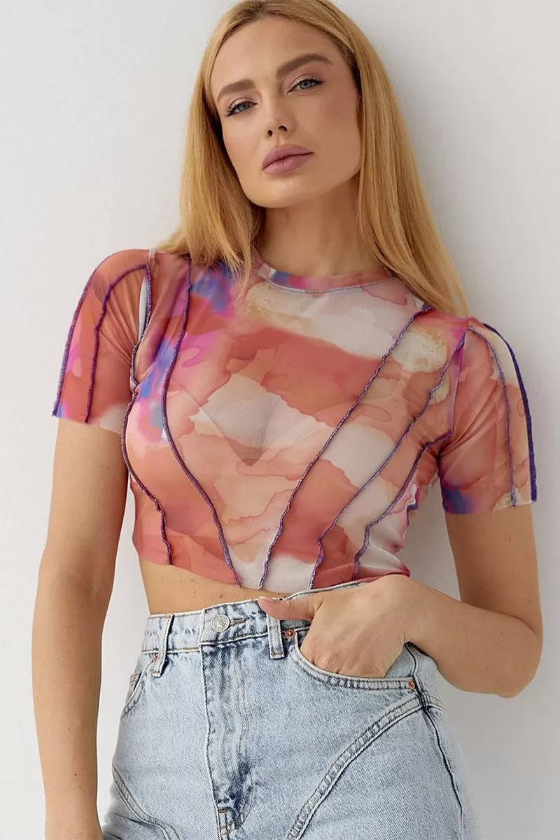 Print Mesh Short Sleeve Crop Top