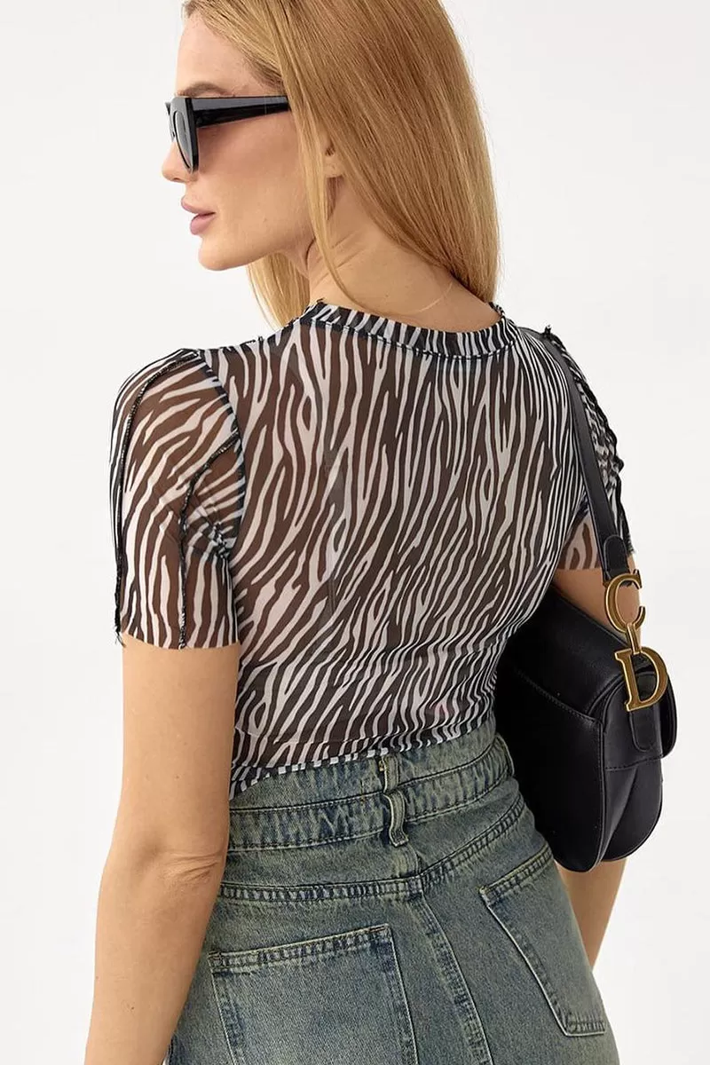 Print Mesh Short Sleeve Crop Top