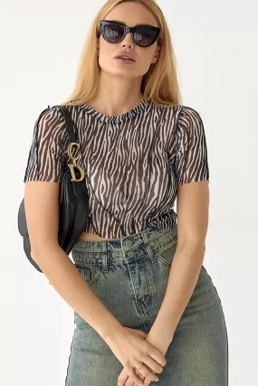 Print Mesh Short Sleeve Crop Top