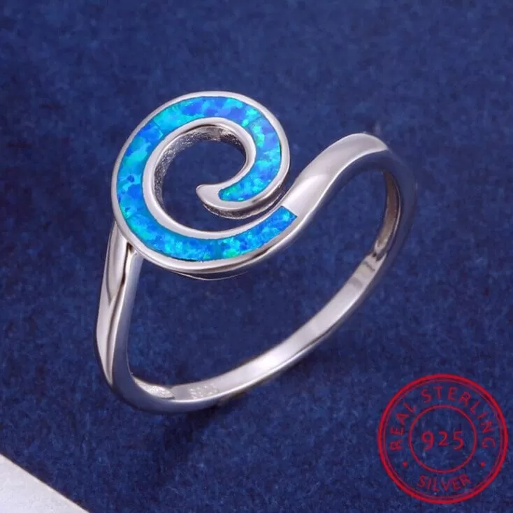 Rainbow Cloud Wave Blue White Fire Opal Ring - 925 Sterling Silver