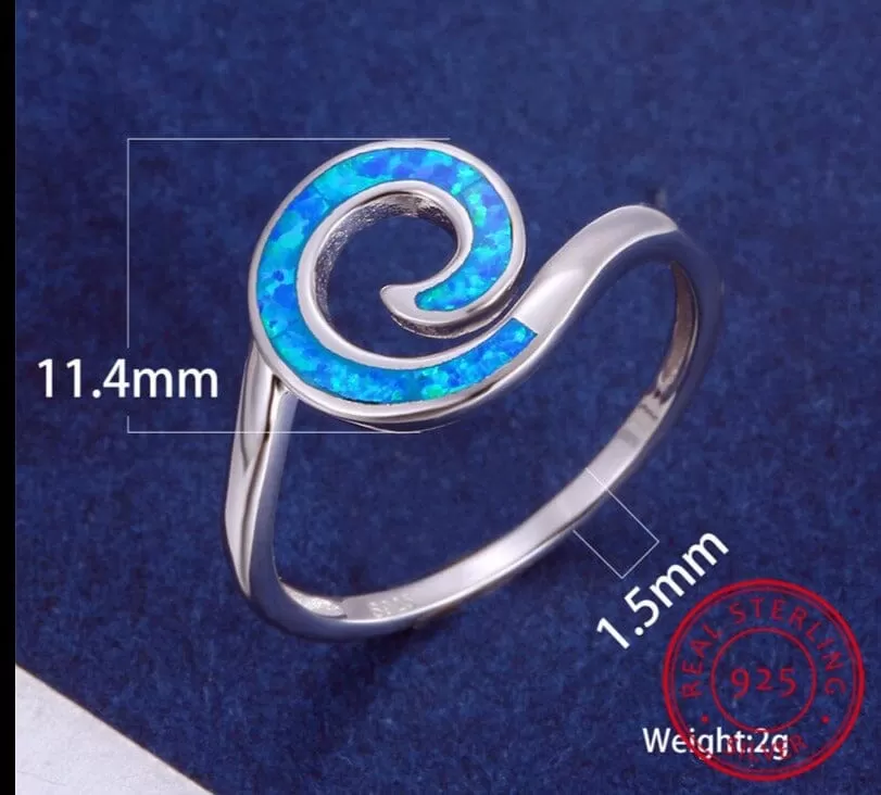 Rainbow Cloud Wave Blue White Fire Opal Ring - 925 Sterling Silver