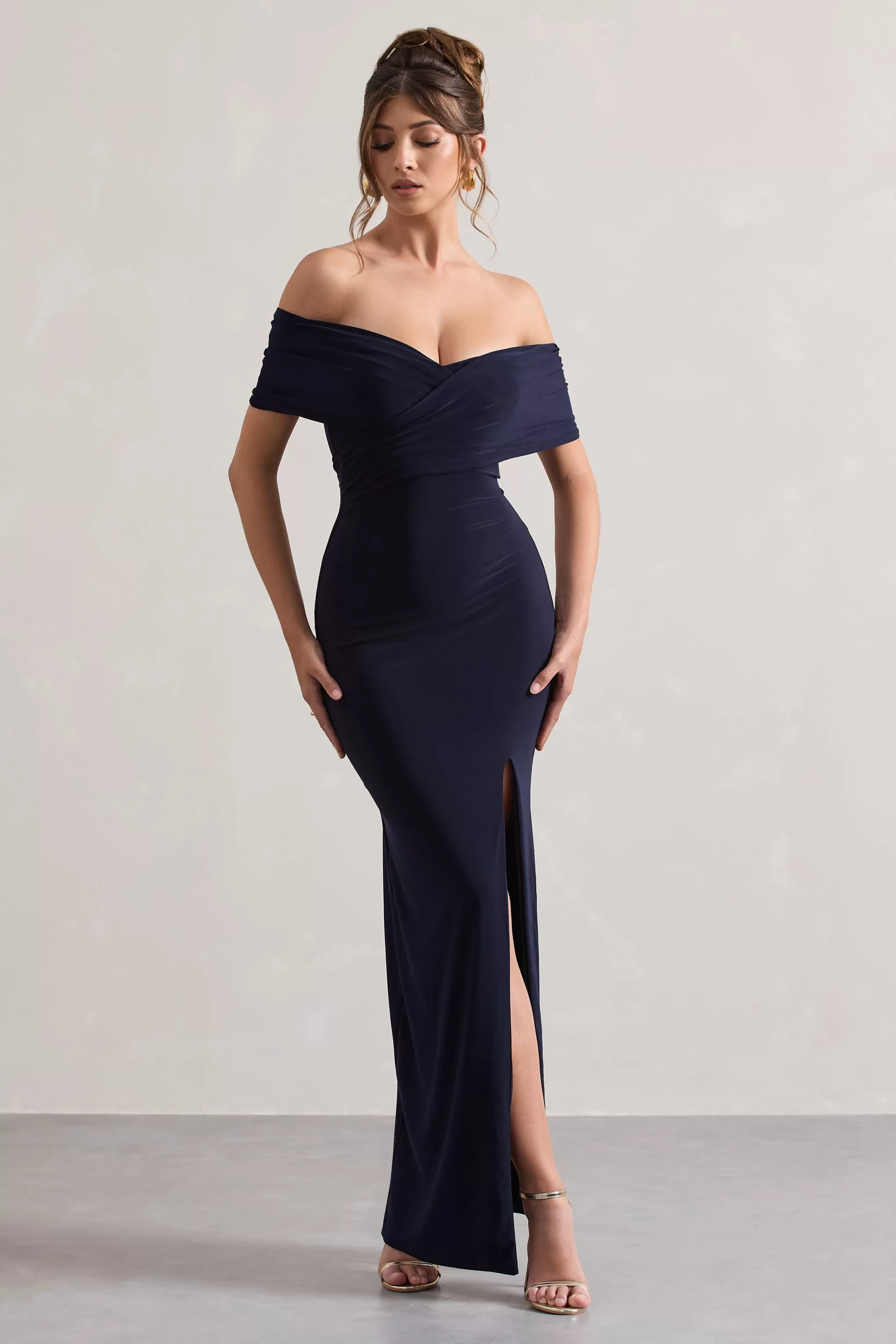 Refined | Navy Twist Front Bardot Maxi Dress