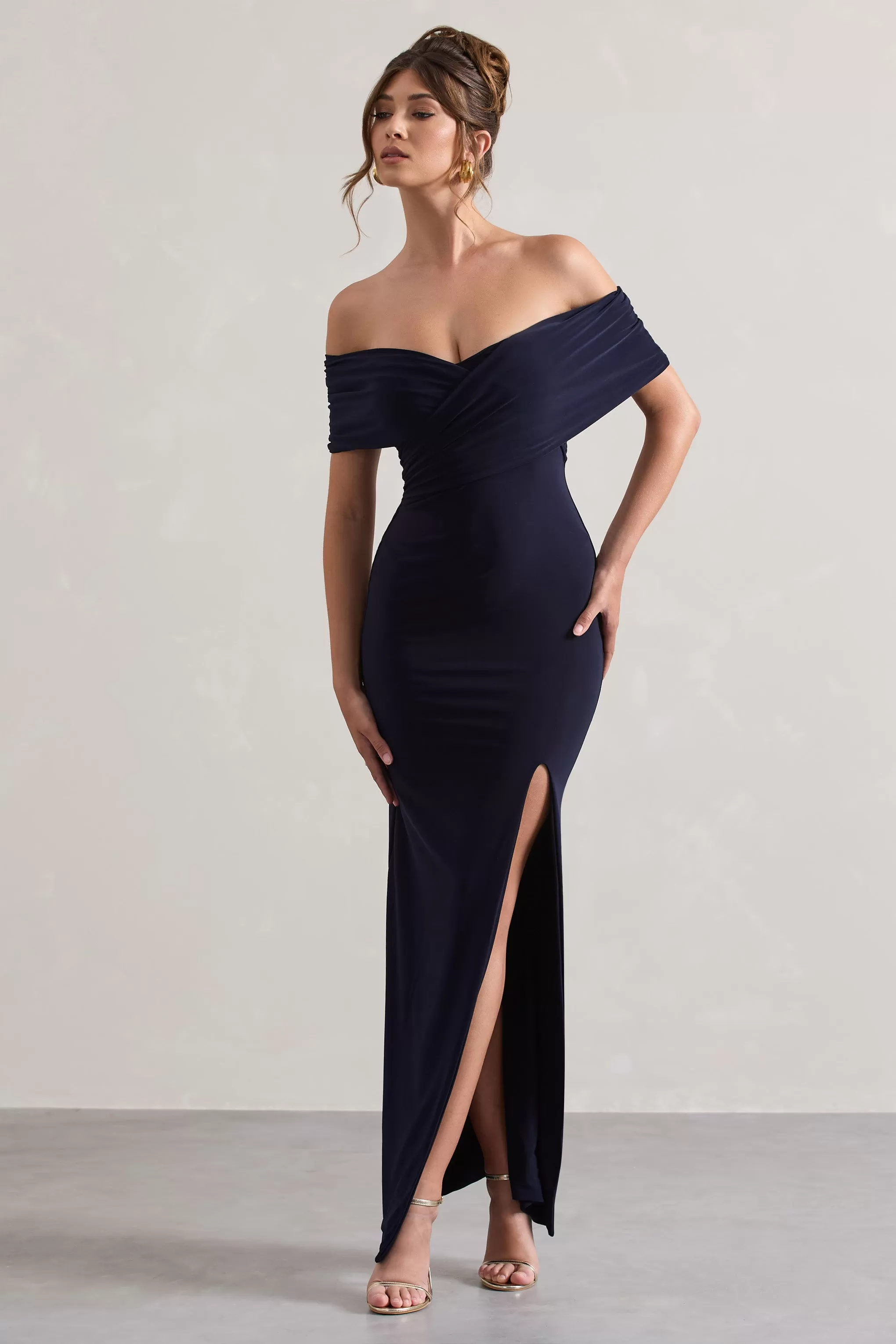 Refined | Navy Twist Front Bardot Maxi Dress