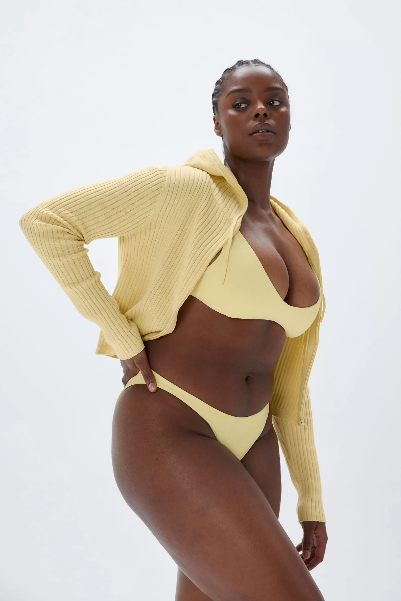 Rib Knit Zip Crop Hoodie - Lemon Yellow