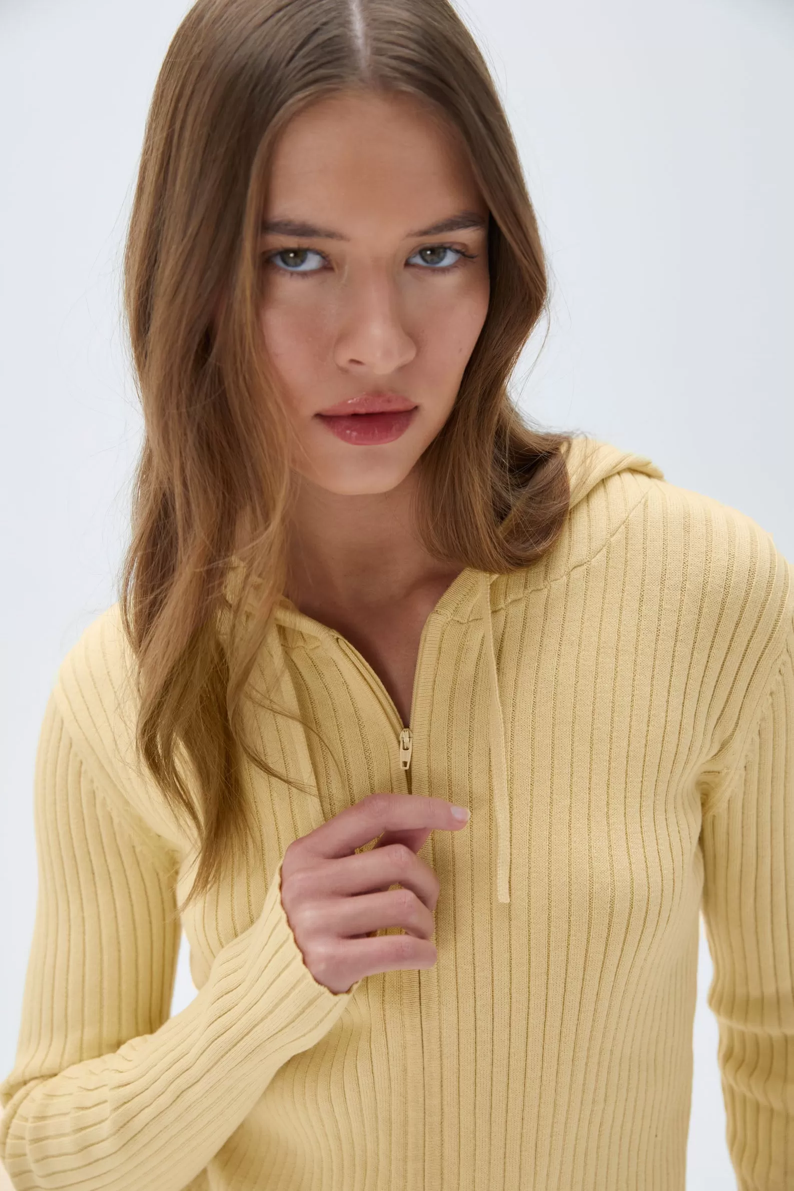 Rib Knit Zip Crop Hoodie - Lemon Yellow