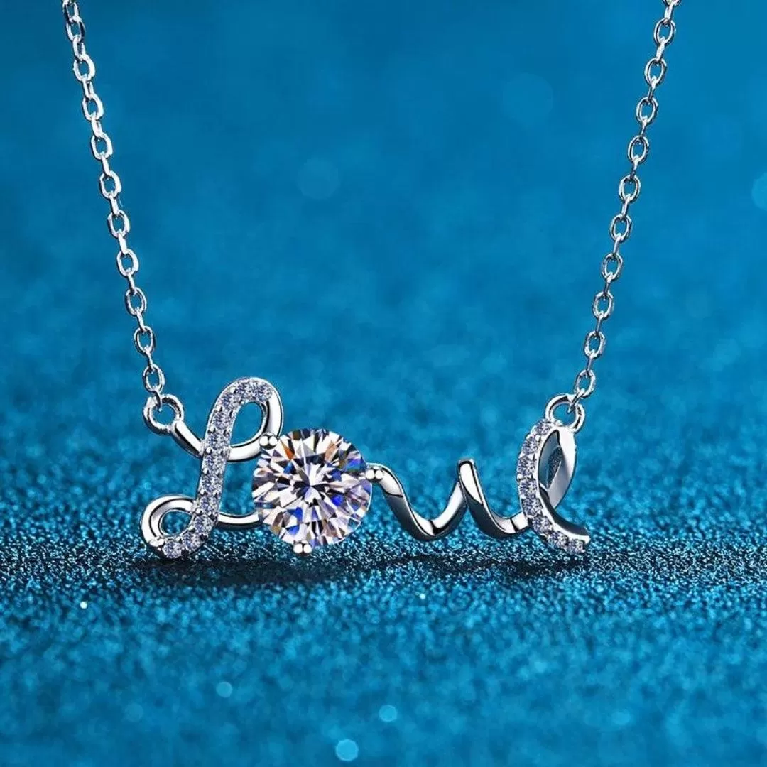 RSP-143 Sterling Silver Moissanite Letter Love Dainty Necklace