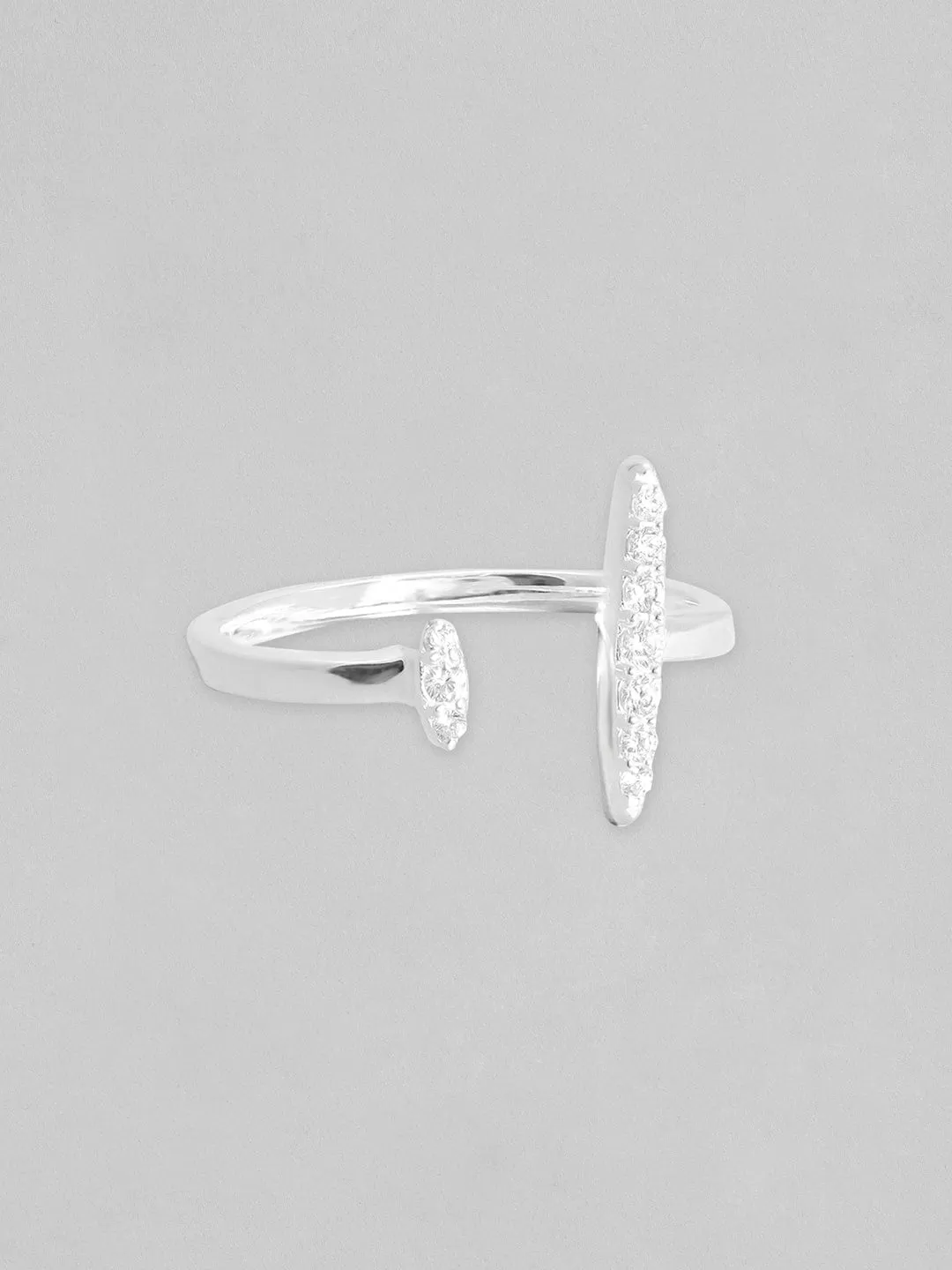 Rubans 925 Silver, Rhodium Plated Zircon Studded Minimal Open Ring.