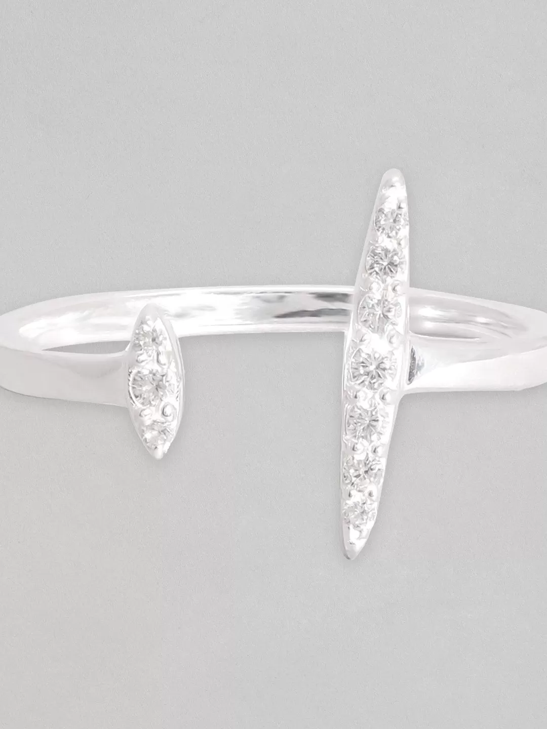 Rubans 925 Silver, Rhodium Plated Zircon Studded Minimal Open Ring.