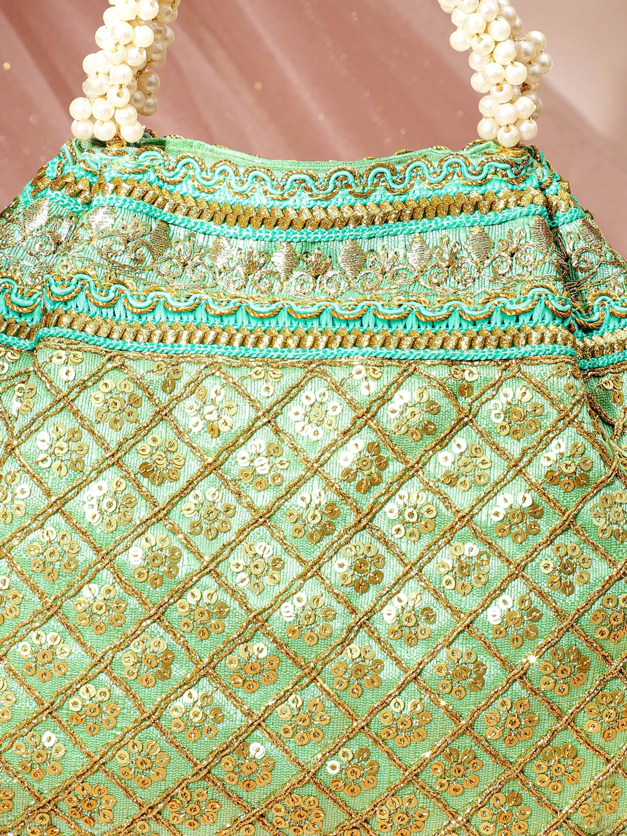 Rubans Women Green & Gold-Toned Embroidered Potli bag.