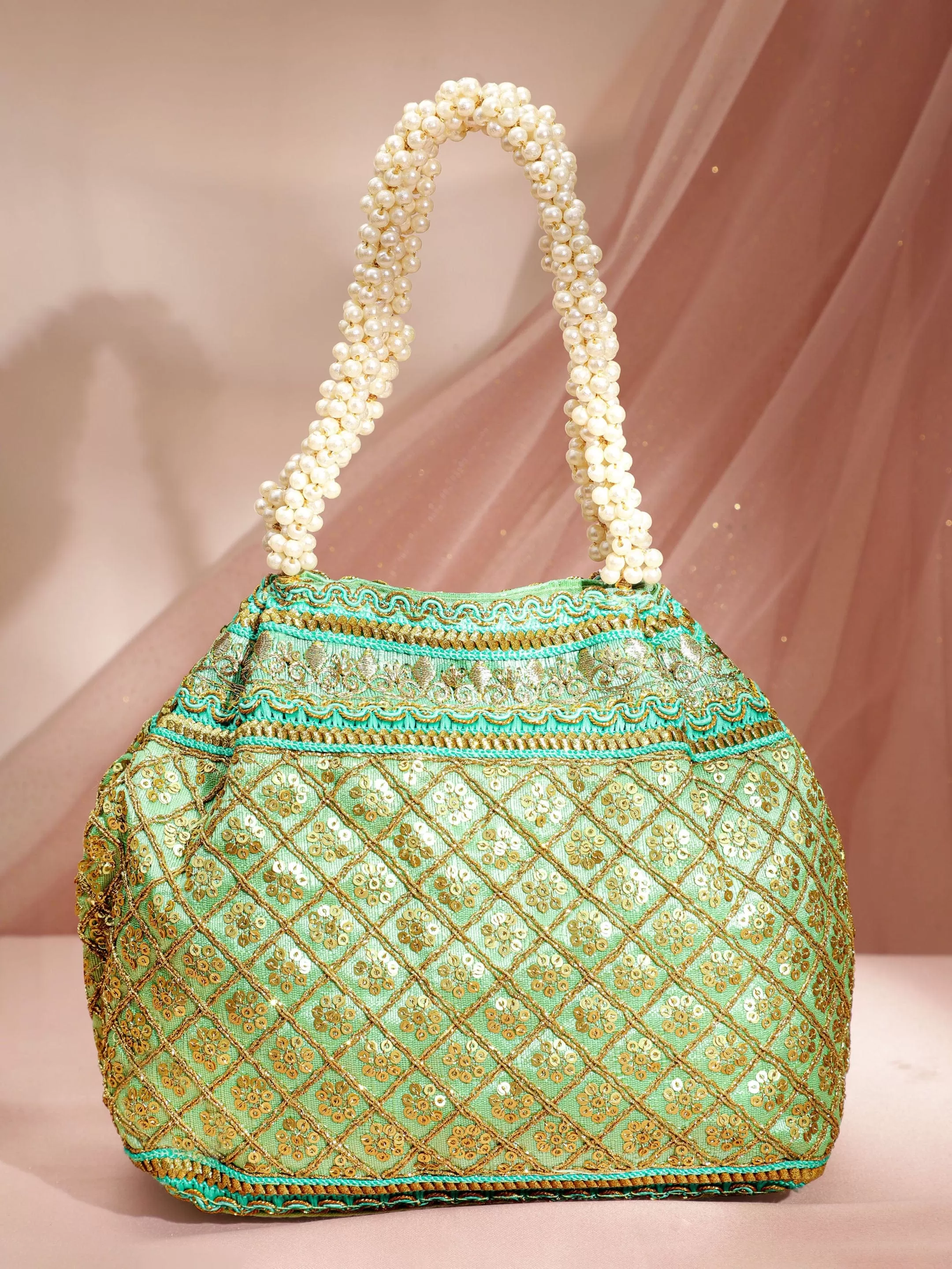 Rubans Women Green & Gold-Toned Embroidered Potli bag.