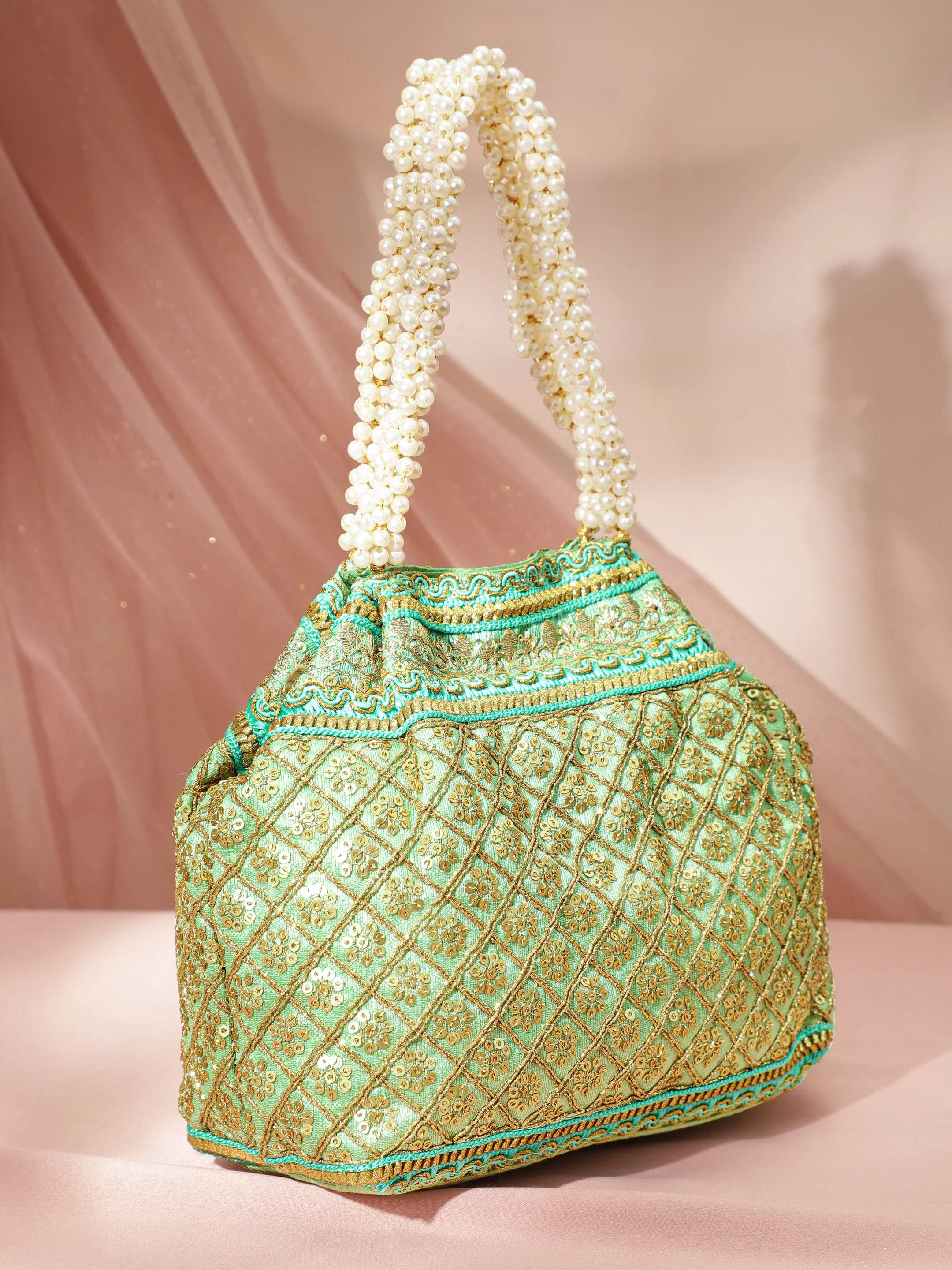 Rubans Women Green & Gold-Toned Embroidered Potli bag.