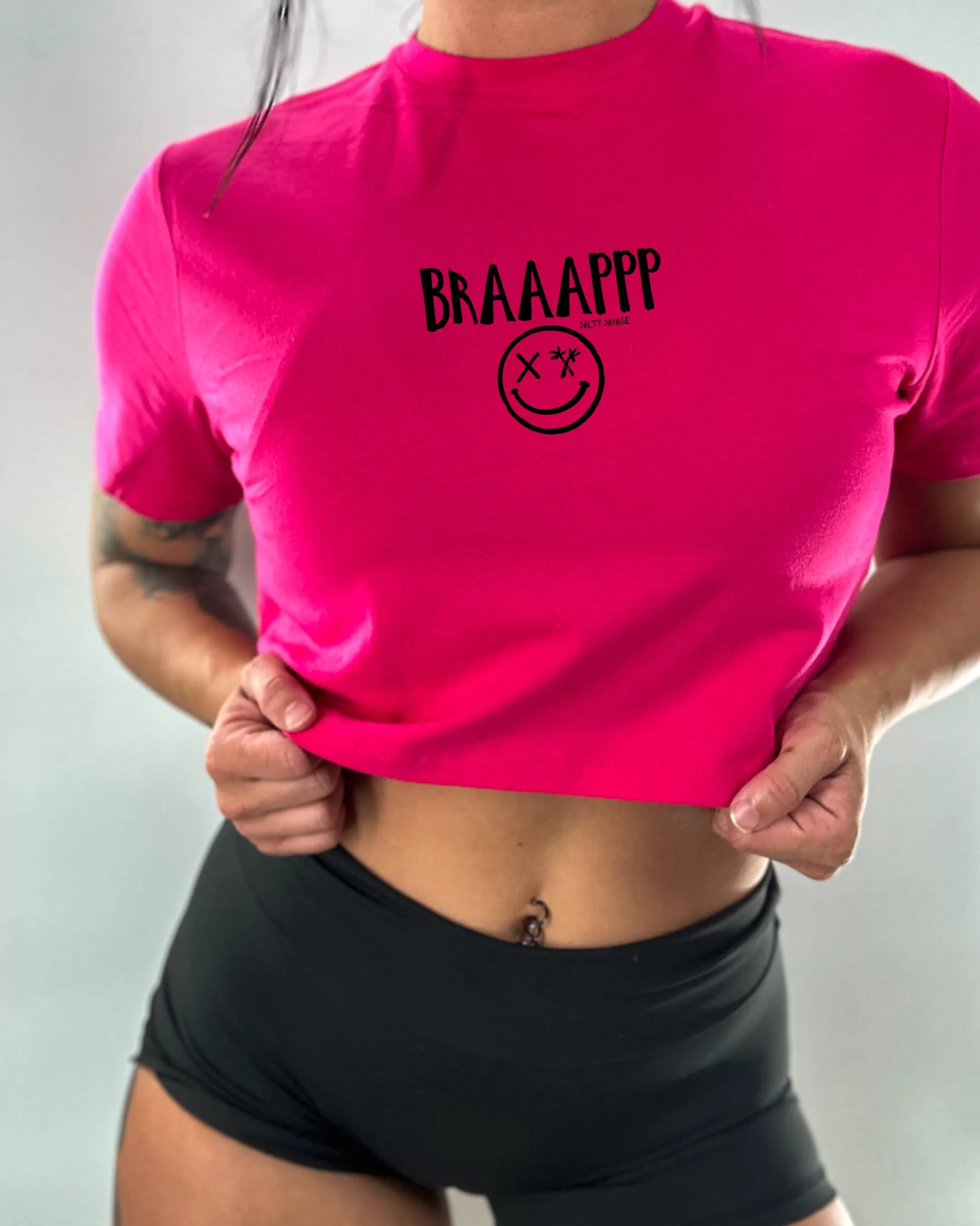 Salty Savage Ladies "BRAAAPPP" Performance Crop Tee | Micro