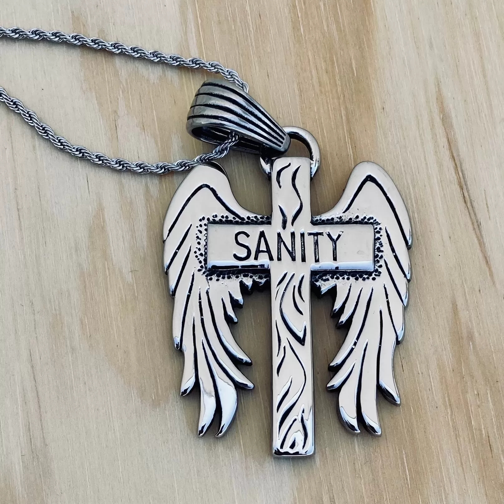 Sanity Wing Cross Pendant - Rope Necklace or Omega - SK2600