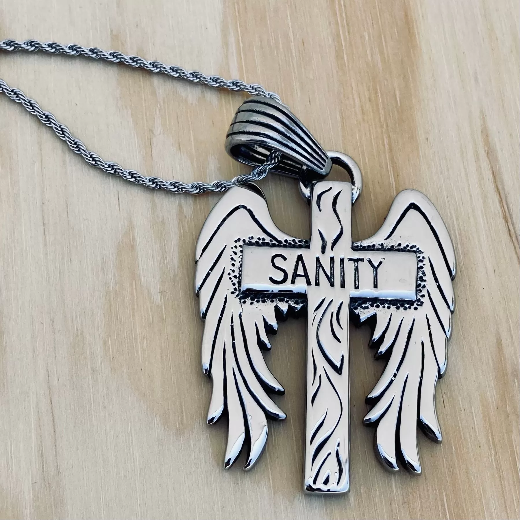 Sanity Wing Cross Pendant - Rope Necklace or Omega - SK2600