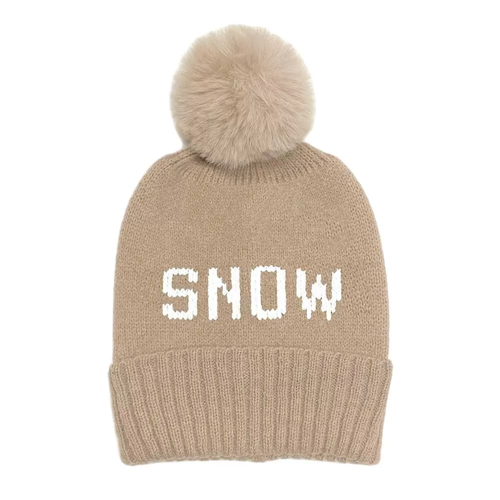 Snow Message Faux Fur Pom Pom Cable Knit Beanie Hat