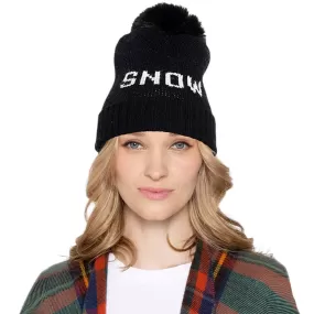 Snow Message Faux Fur Pom Pom Cable Knit Beanie Hat