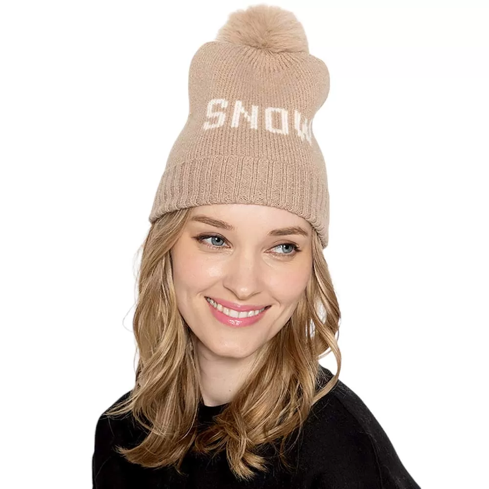 Snow Message Faux Fur Pom Pom Cable Knit Beanie Hat