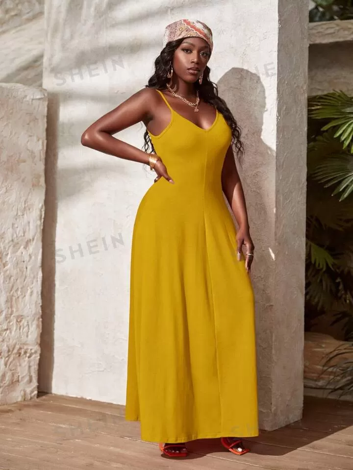 Solid hidden pocket cami dress in yellow