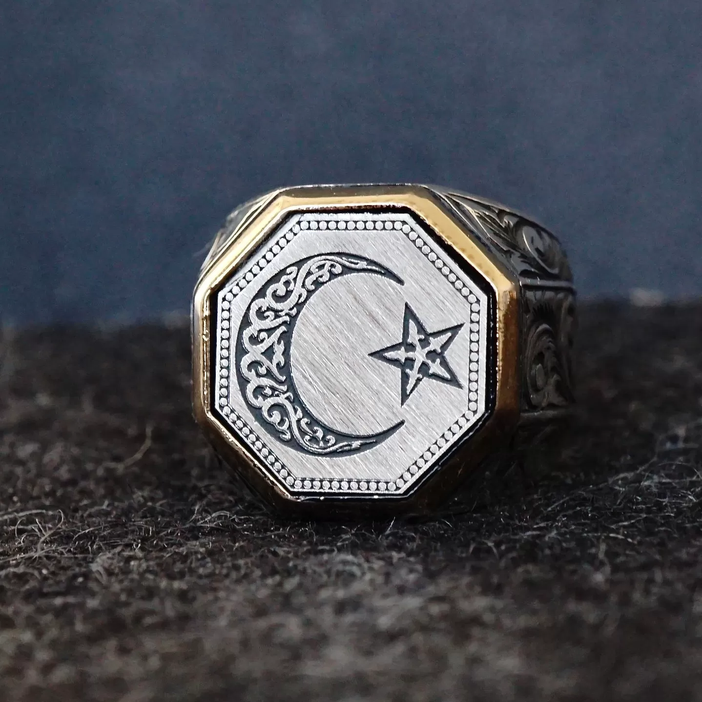 Sterling Silver Ring Crescent Star Turkish Men's Jewelry Engraved