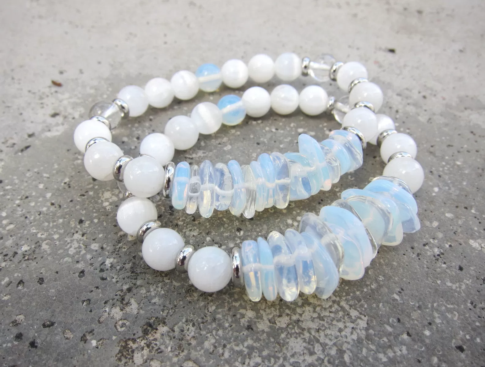 Stunning Selenite, Clear Quartz, Rainbow Moonstone Mala Necklace in Quartz Pendant