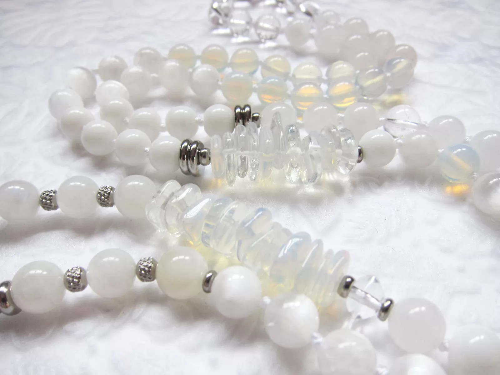 Stunning Selenite, Clear Quartz, Rainbow Moonstone Mala Necklace in Quartz Pendant