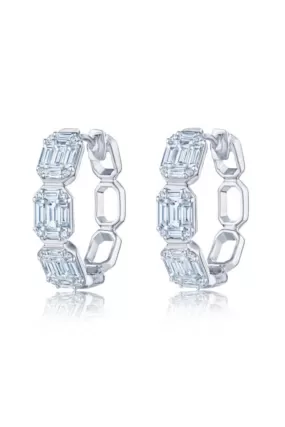 Sunburst Emerald Cut Hoop Earrings - White Gold