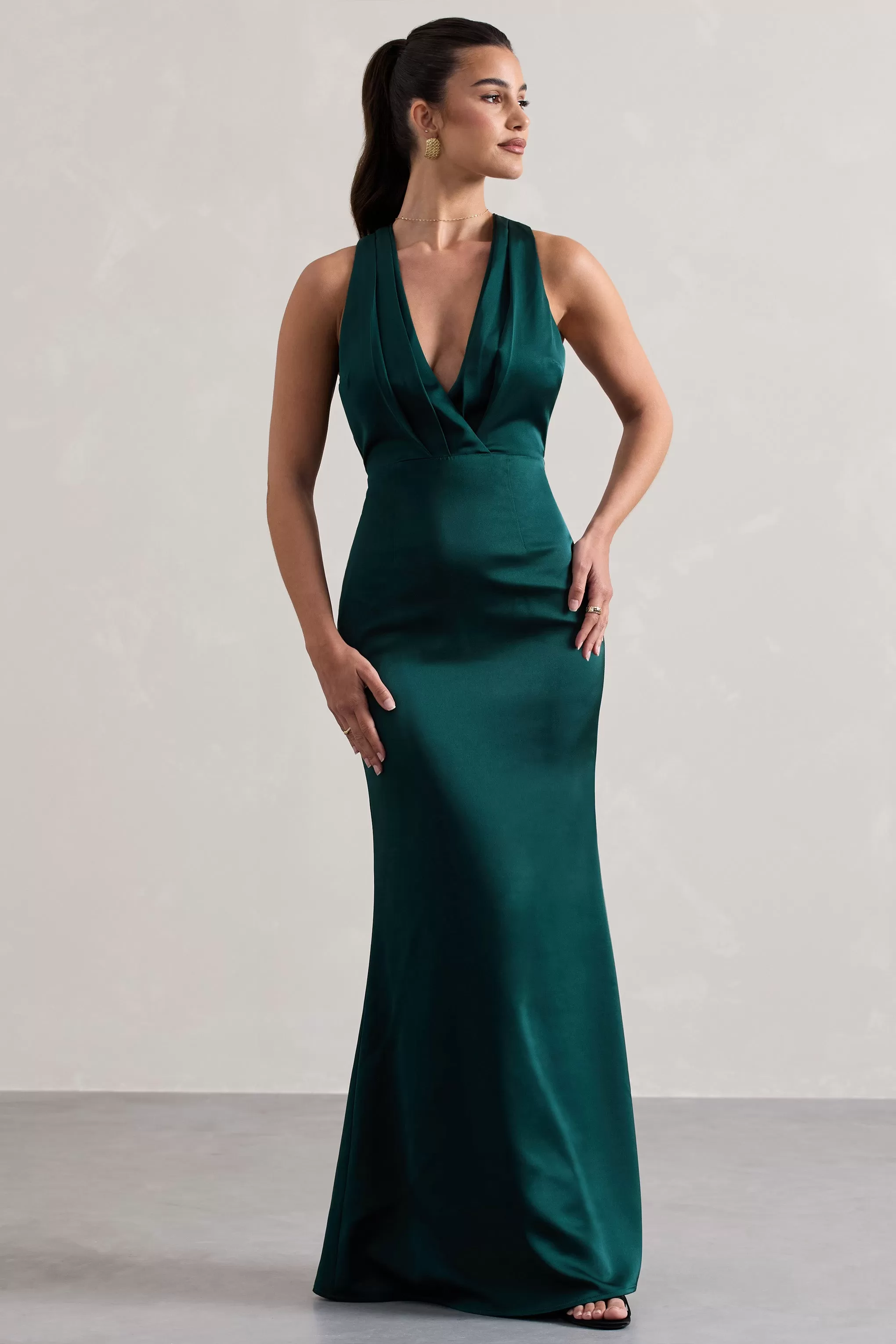 Tiffany | Bottle Green Satin Plunge-Neck Maxi Dress