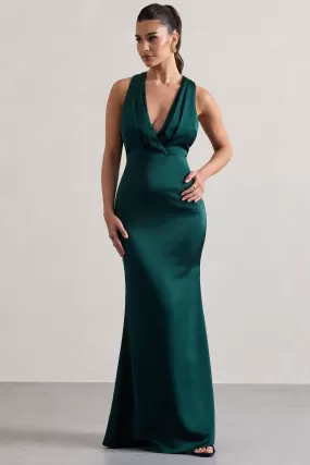 Tiffany | Bottle Green Satin Plunge-Neck Maxi Dress