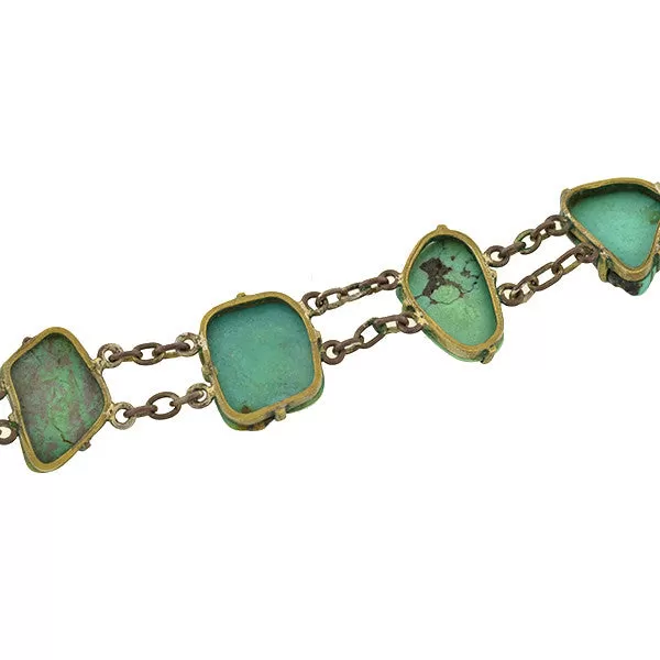 Vintage Chinese Brass & Natural Turquoise Nugget Link Bracelet