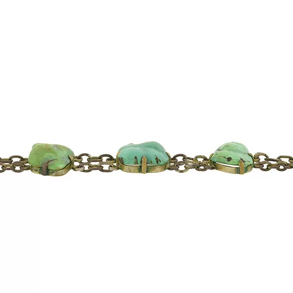 Vintage Chinese Brass & Natural Turquoise Nugget Link Bracelet