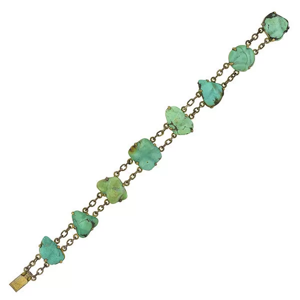 Vintage Chinese Brass & Natural Turquoise Nugget Link Bracelet