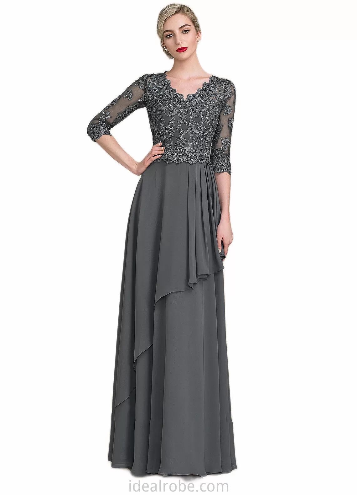 Xiomara A-Line V-neck Floor-Length Chiffon Lace Mother of the Bride Dress With Beading Sequins Cascading Ruffles STK126P0014756