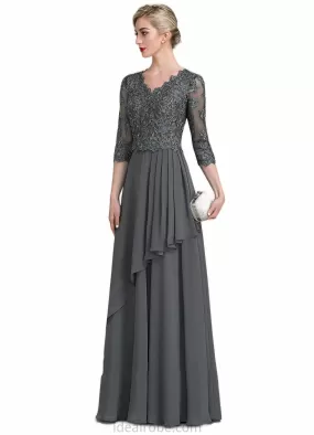 Xiomara A-Line V-neck Floor-Length Chiffon Lace Mother of the Bride Dress With Beading Sequins Cascading Ruffles STK126P0014756